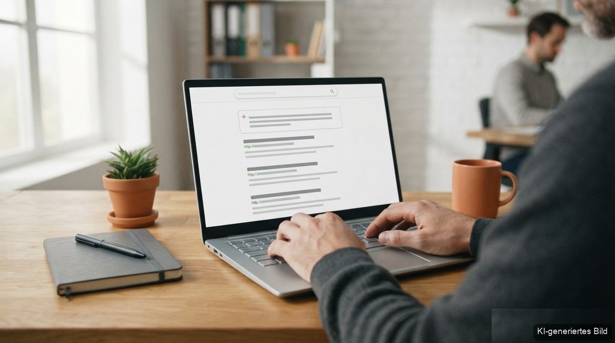 Person tippt am Laptop, auf dessen Bildschirm eine Trefferliste mit farblich hervorgehobener KI-Antwort über den organischen Suchergebnissen zu sehen ist