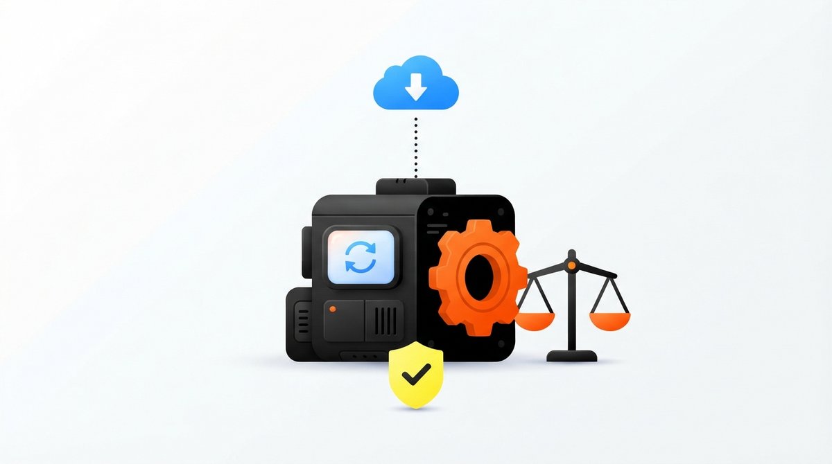 3D-Illustration: Maschinenmodul mit Zahnrad, Display mit Update-Pfeil, Cloud-Download, Schutzschild und Waage als Symbol für Produkthaftung