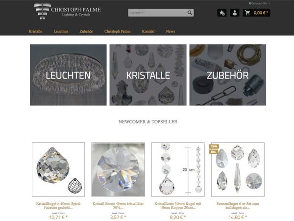 Referenz Online-Shop Entwicklung Shopware Lampen Kristalle Christoph Palme